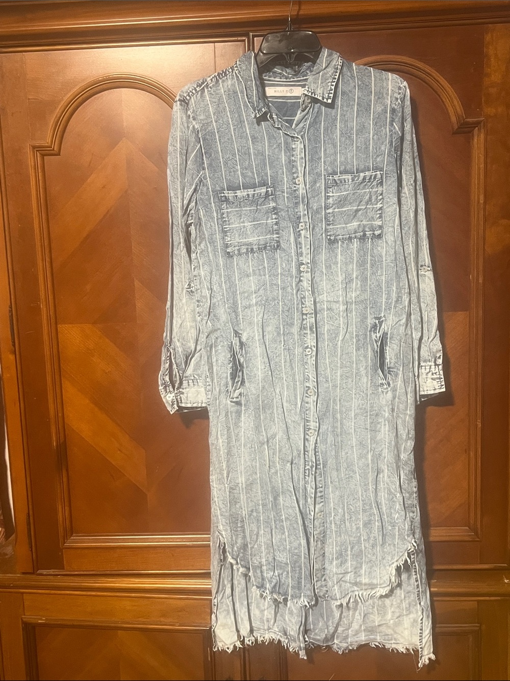 Light Denim Blue Striped Long Button-Front Shirt Dress (BIN 2-52)